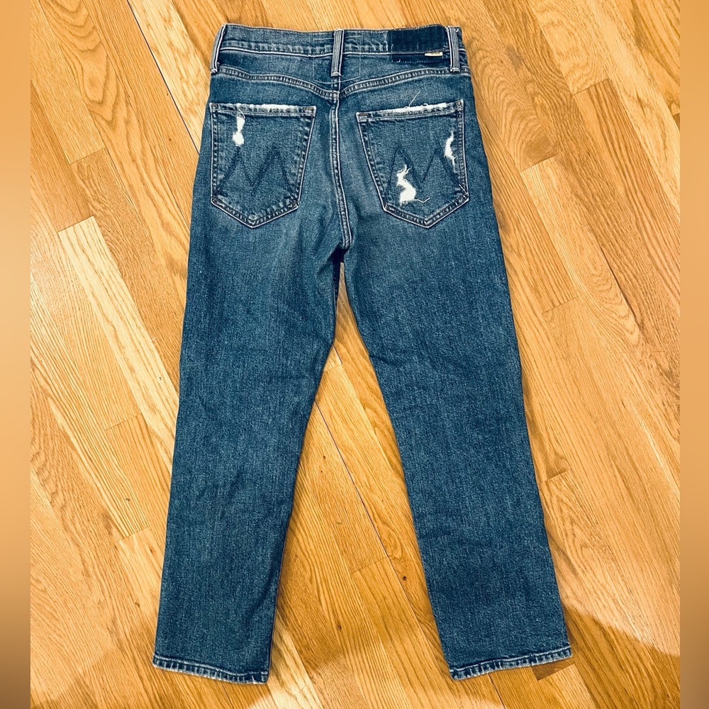 MOTHER Women's Distressed Blue Straight Cropped Jeans